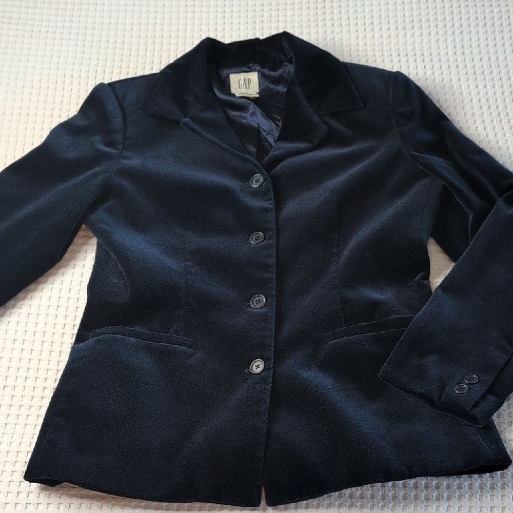 GAP Vintage Blue Velvet Blazer Button-Up Jacket Size M with Shoulder Pads
